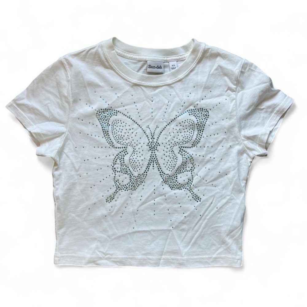 Aritzia White Rhinestone Butterfly Cropped T-Shirt XS